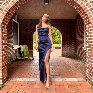 Lola high slit satin dress- navy, size medium (6-7)
